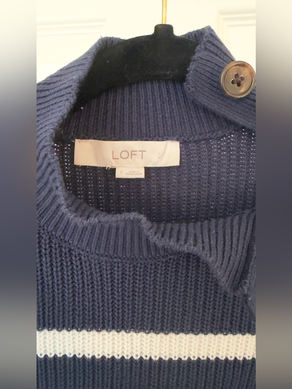 Loft striped summer sweater navy and white button neck mock neck long sleeve top - Picture 4 of 4